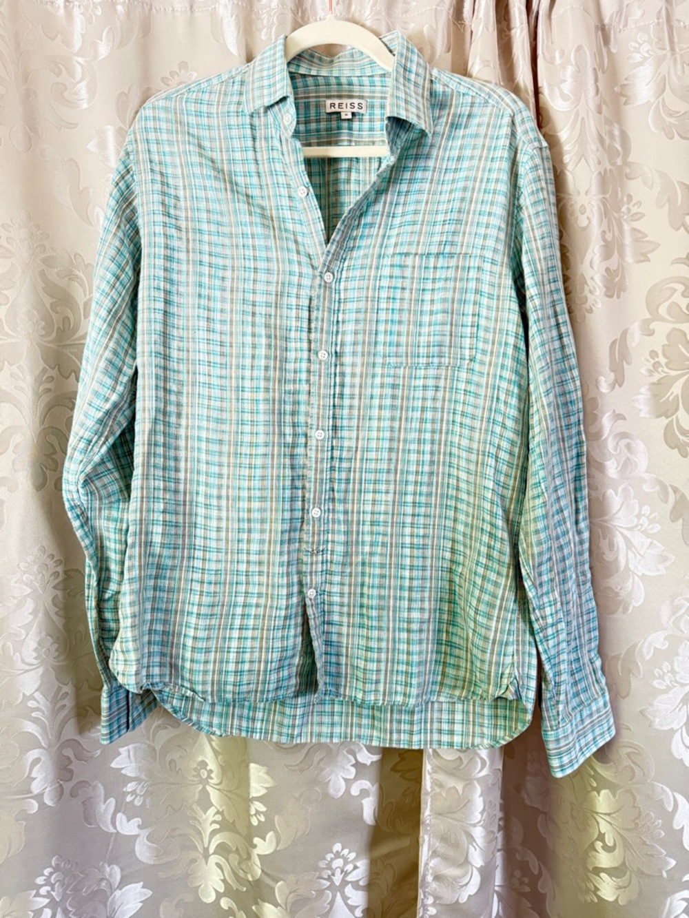 Reiss Mint and White Plaid Long-Sleeve Button-Down Shirt